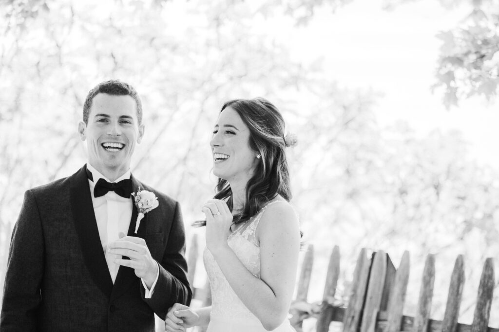 black and white first look of bride and groom