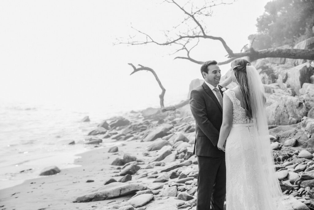 bride and groom on beach 