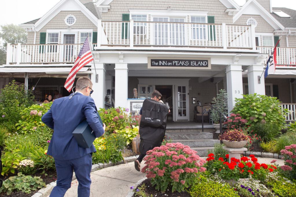 groomsmen entering the Inn on Peaks Island 