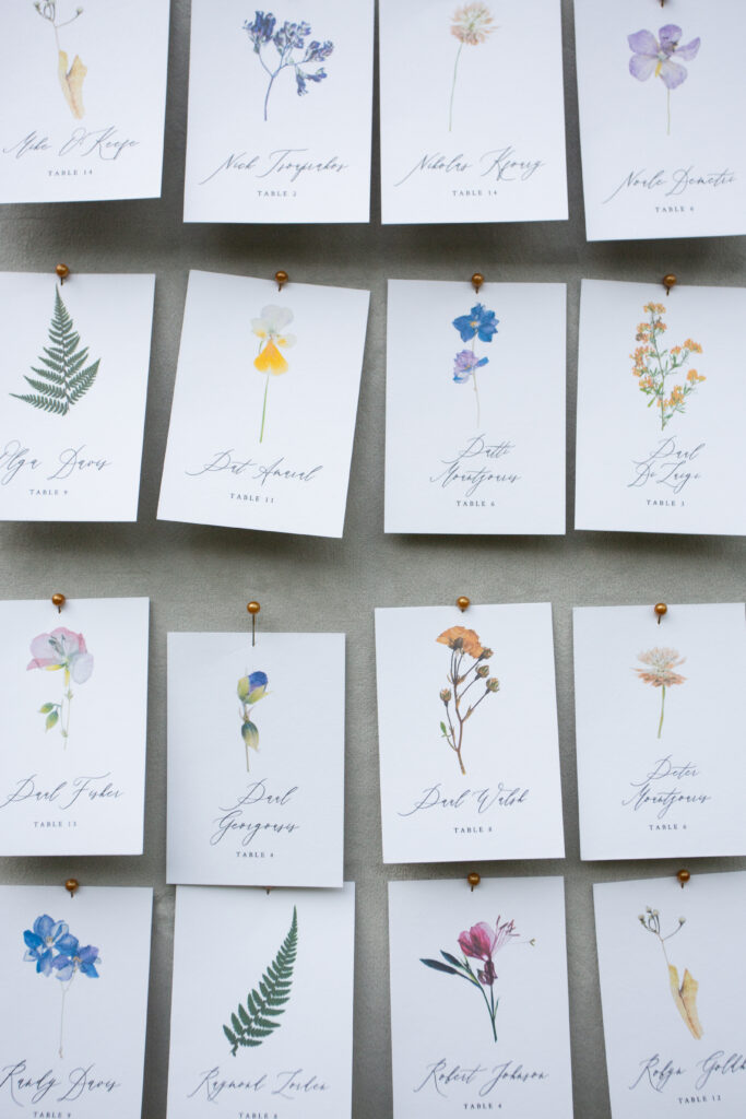 illustrated cards with flowers as the place cards 