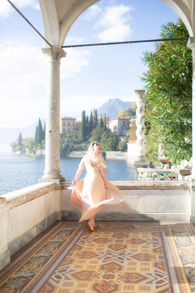 bride twirling in the gardens at Villa Monastero