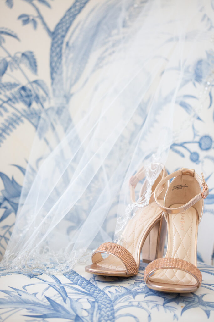 veil on chair with beige shoes 