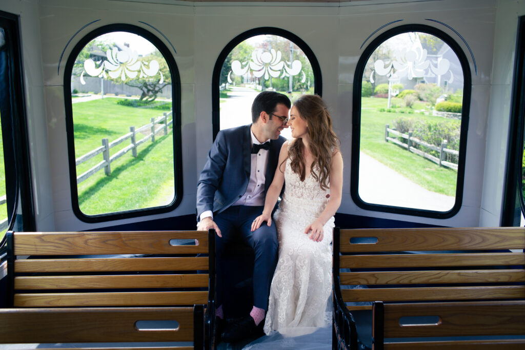 bride and groom in trolly 