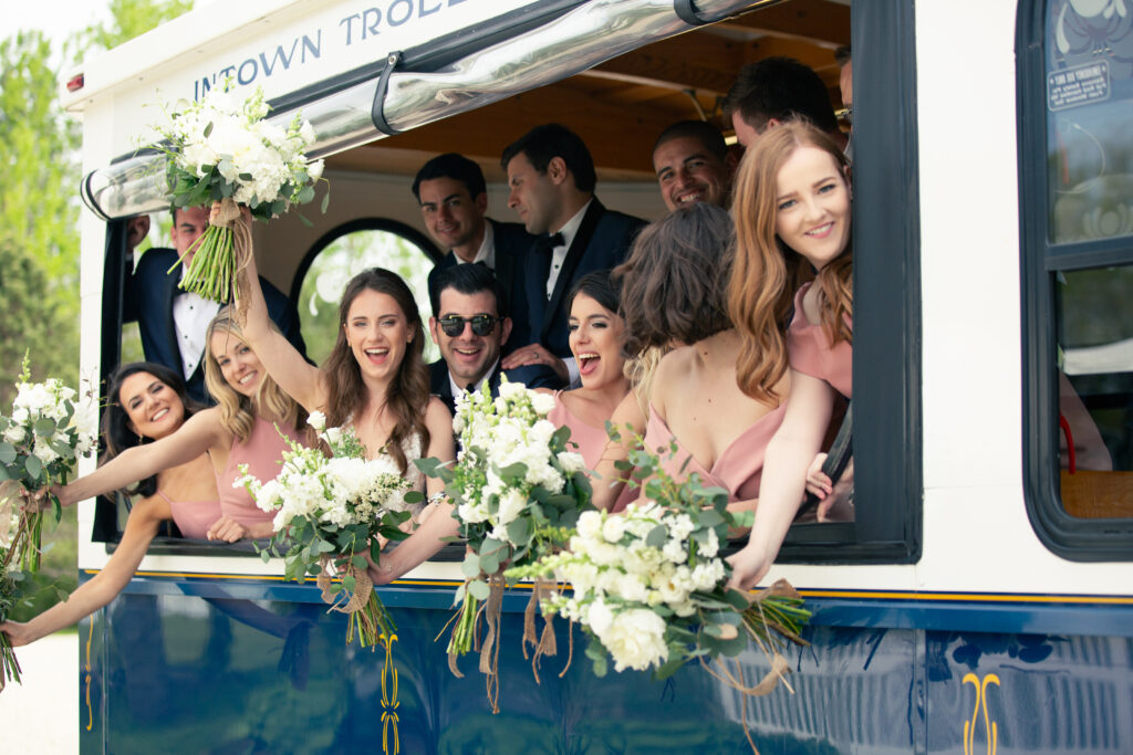 wedding party in trolly 