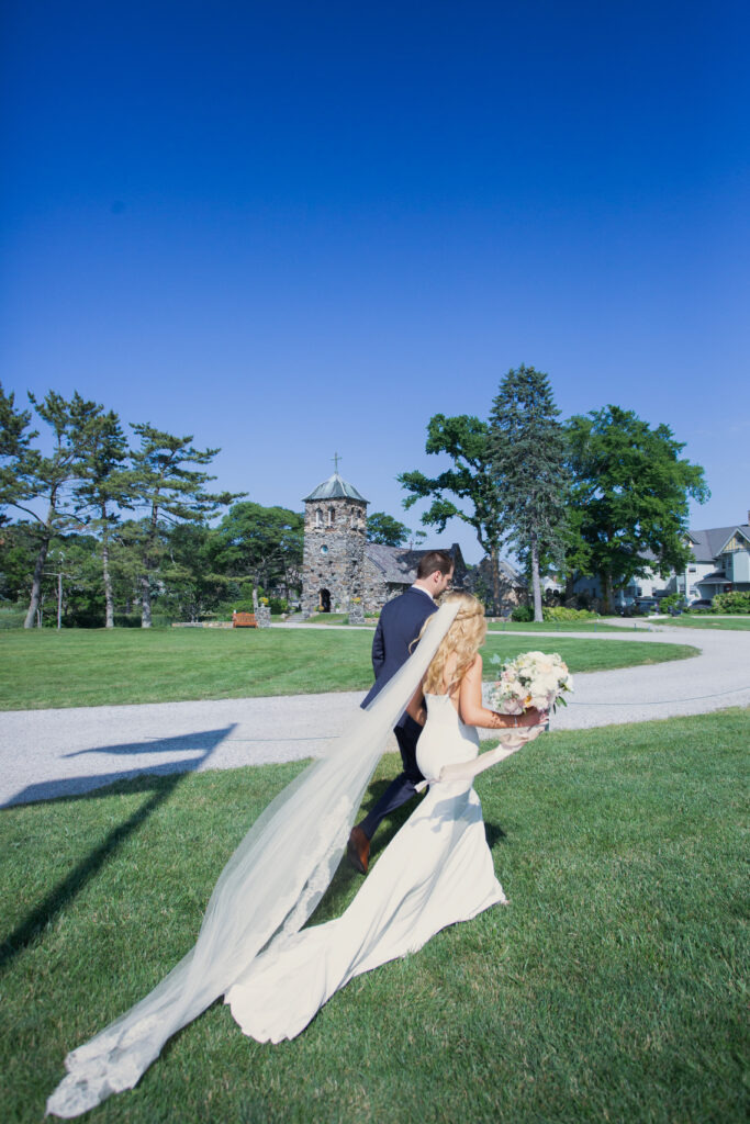 bride and groom walking together 