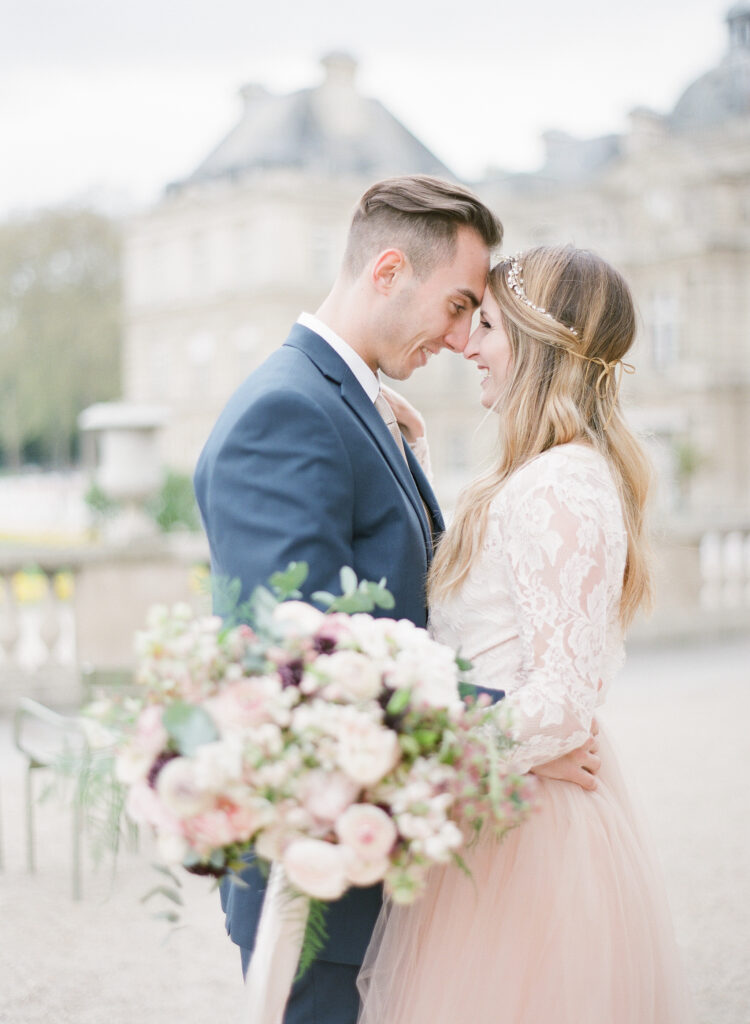 bride and groom forehead to forehead 