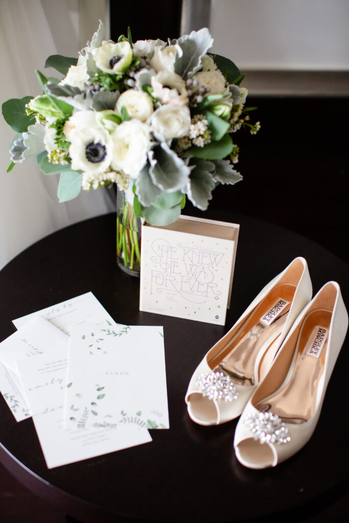 brides shoes and bouquet 