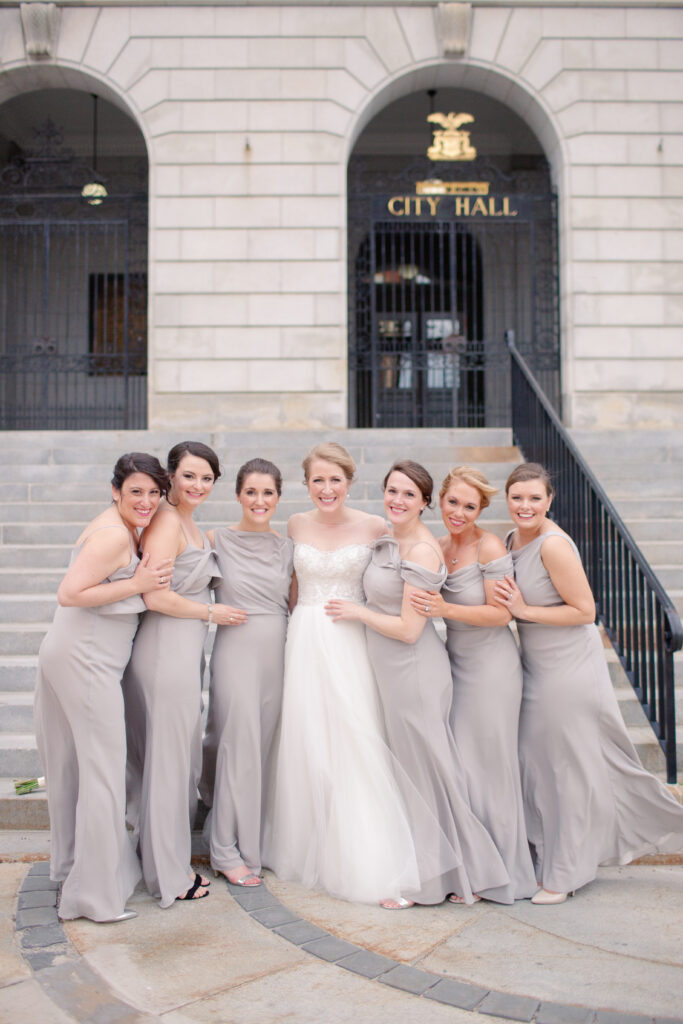 bridesmaids wearing gray 