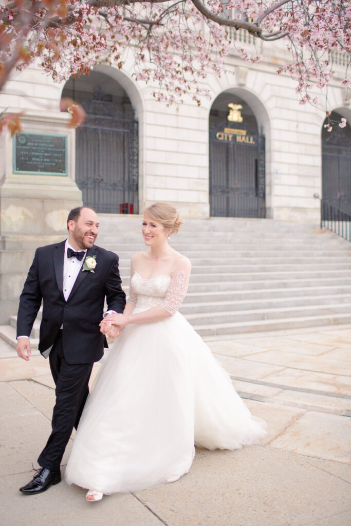 bride and groom walking 